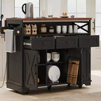 Isola da Cucina in Stile Fattoria con Tenda a Perline, Carrello da Cucina su Ruote con Asse Pieghevole, 3 Ante, 3 Cassetti e Griglia Interna in Ferro
