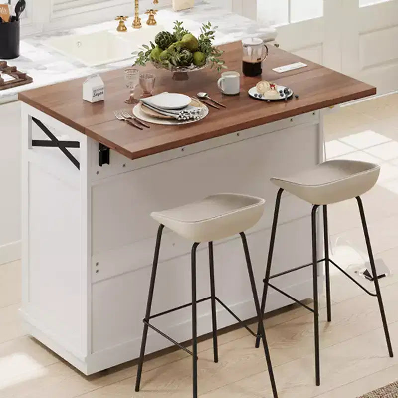 Isola da Cucina in Stile Fattoria con Tenda a Perline, Carrello da Cucina su Ruote con Asse Pieghevole, 3 Ante, 3 Cassetti e Griglia Interna in Ferro