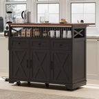 Farmhouse Kitchen Island with Beaded Curtain, Wheeled Kitchen Cart with Folding Board, 3 Doors, 3 Drawers, and Internal Iron Rack