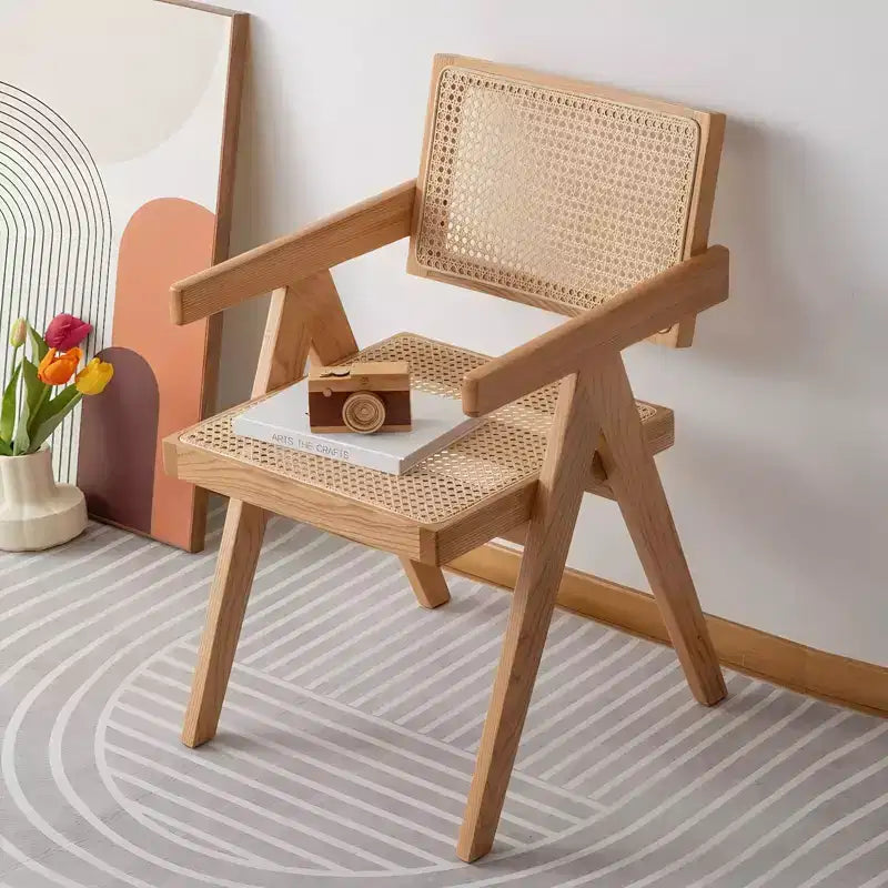 TUYOHW 1/2 Chaises de Salle à Manger avec Accoudoirs et Dossier Ouvert, Chaises de Cuisine en Rotin avec Cadre en Bois d'Hévéa, Chaises d'Appoint pour Salle à Manger, Salon