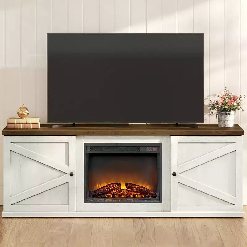 VASAGLE Fireplace TV Stand for TVs up to 80 Inches, 18-Inch ELectric Fireplace with Remote, Media Console Table, Rustic White and Honey Brown