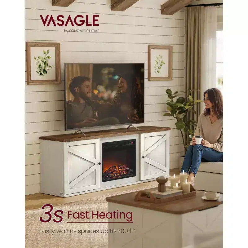 Meuble TV VASAGLE pour téléviseurs jusqu'à 80 pouces, cheminée électrique de 18 pouces avec télécommande, console multimédia, blanc rustique et marron miel