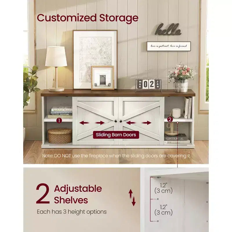 Meuble TV VASAGLE pour téléviseurs jusqu'à 80 pouces, cheminée électrique de 18 pouces avec télécommande, console multimédia, blanc rustique et marron miel