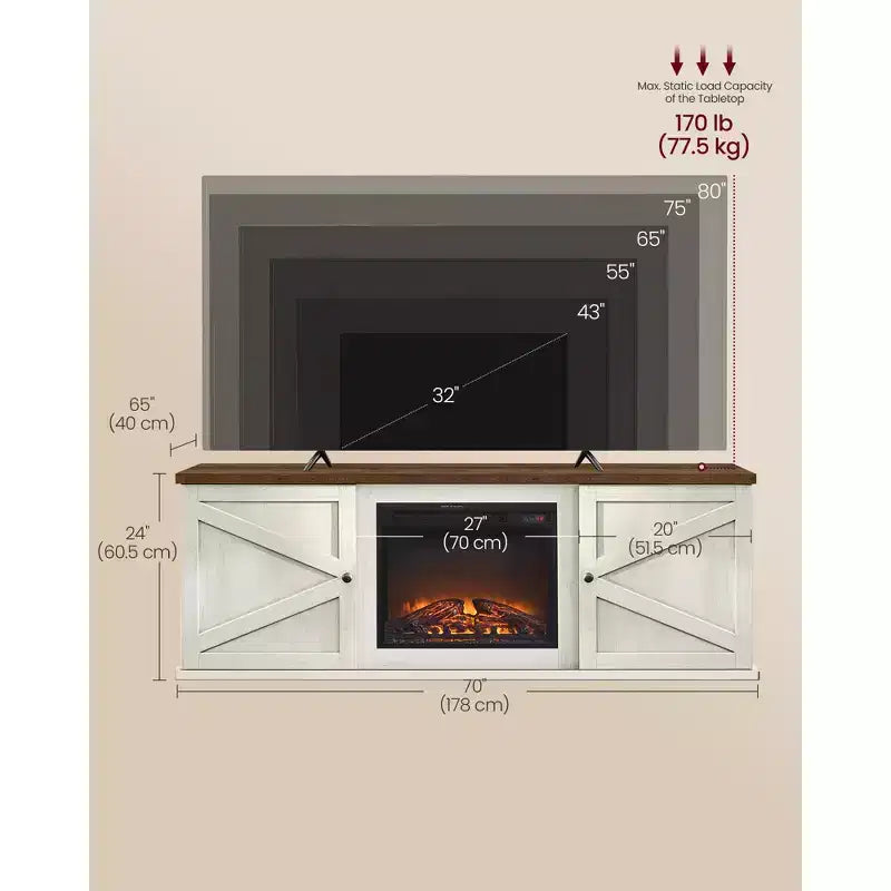 Meuble TV VASAGLE pour téléviseurs jusqu'à 80 pouces, cheminée électrique de 18 pouces avec télécommande, console multimédia, blanc rustique et marron miel