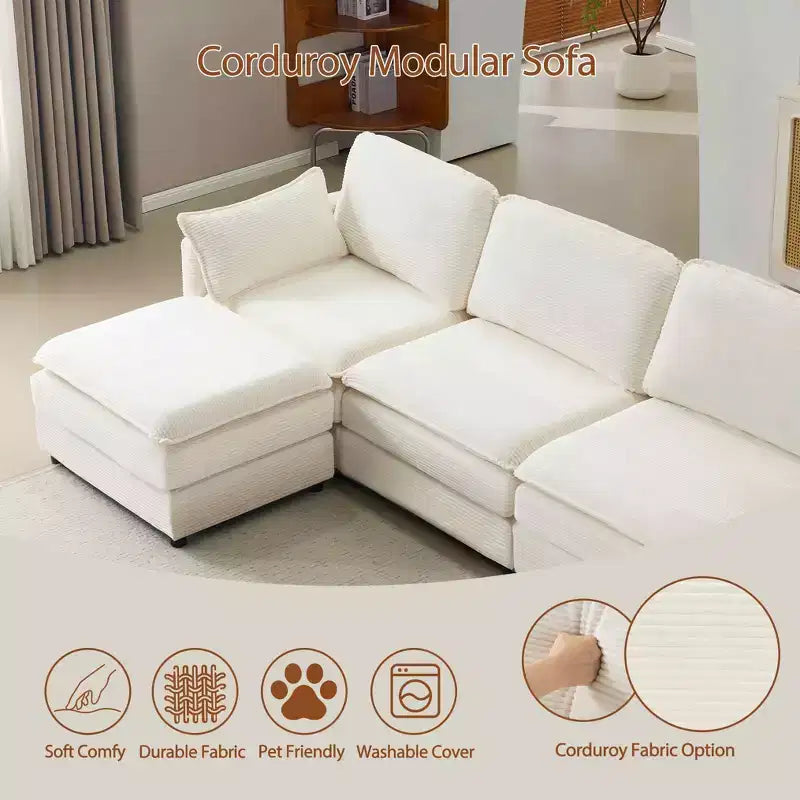 MAYEERTY Divano modulare Cloud in peluche da 54 pollici, singolo con pouf, cuscino e cuscino in ciniglia beige, compatto per la casa