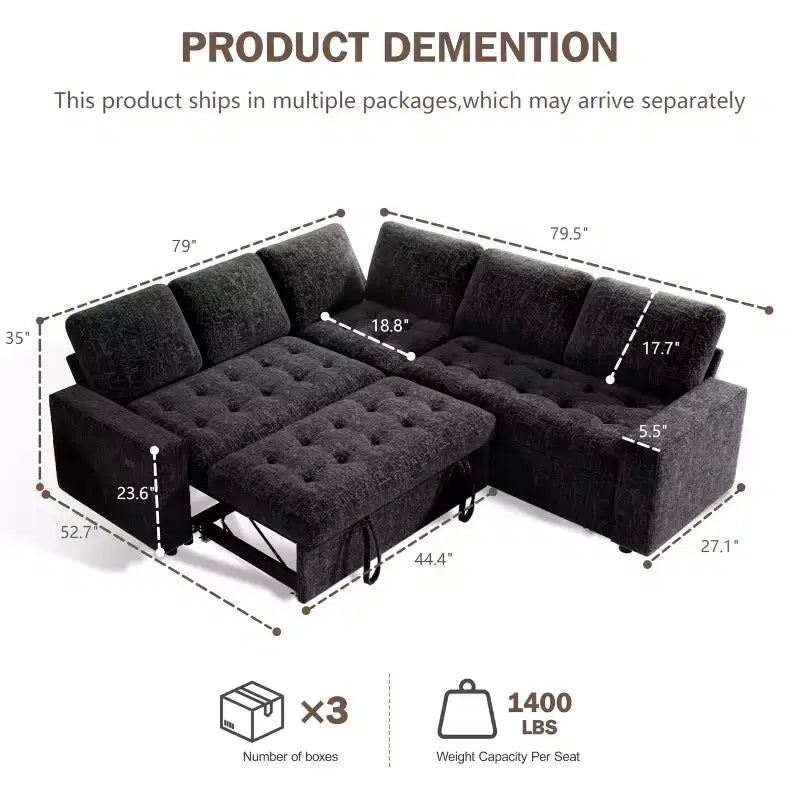 Canapé modulaire en L 5 places Dyonery avec couchage et port de charge USB