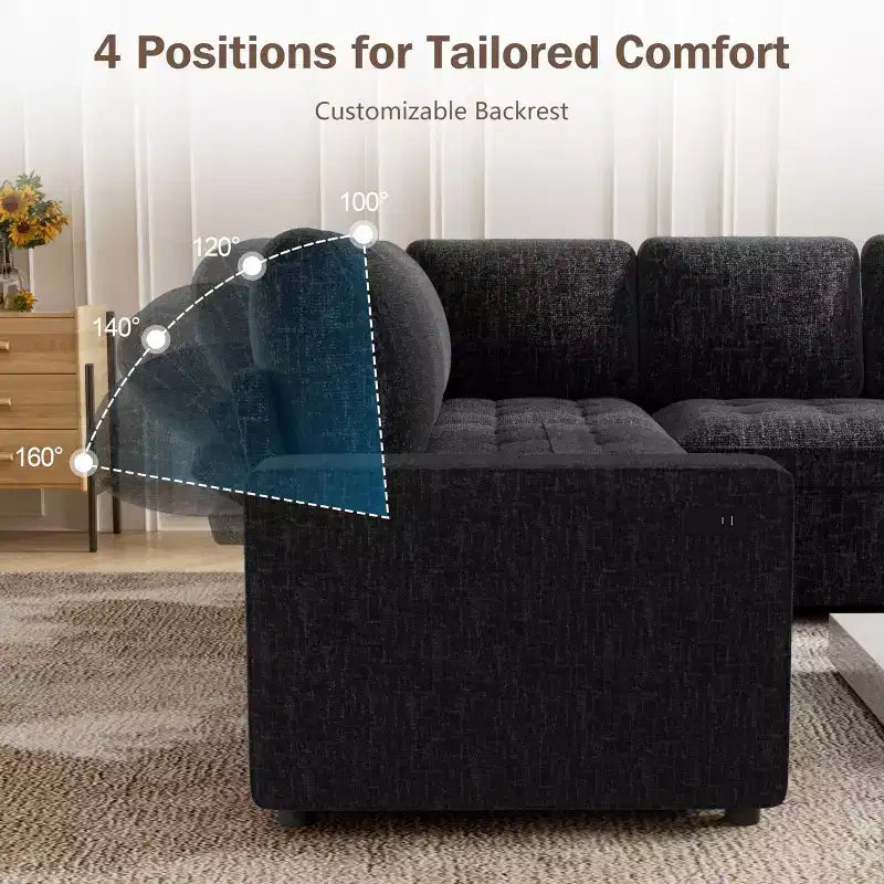 Canapé modulaire en L 5 places Dyonery avec couchage et port de charge USB