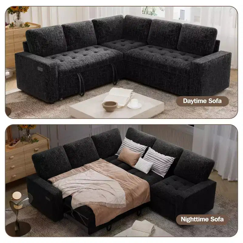 Canapé modulaire en L 5 places Dyonery avec couchage et port de charge USB