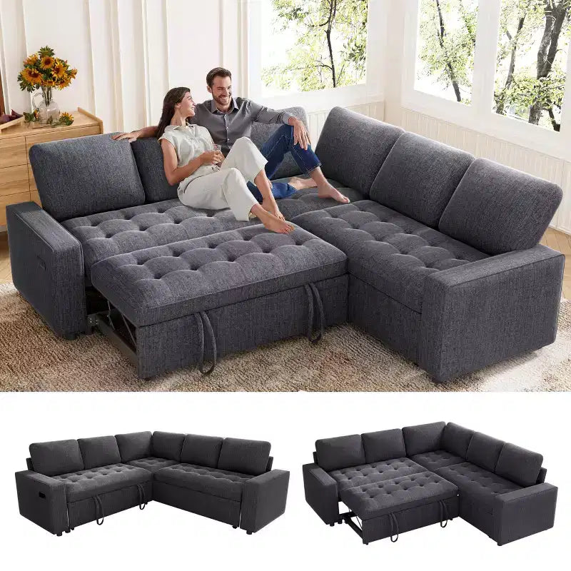 Canapé modulaire en L 5 places Dyonery avec couchage et port de charge USB