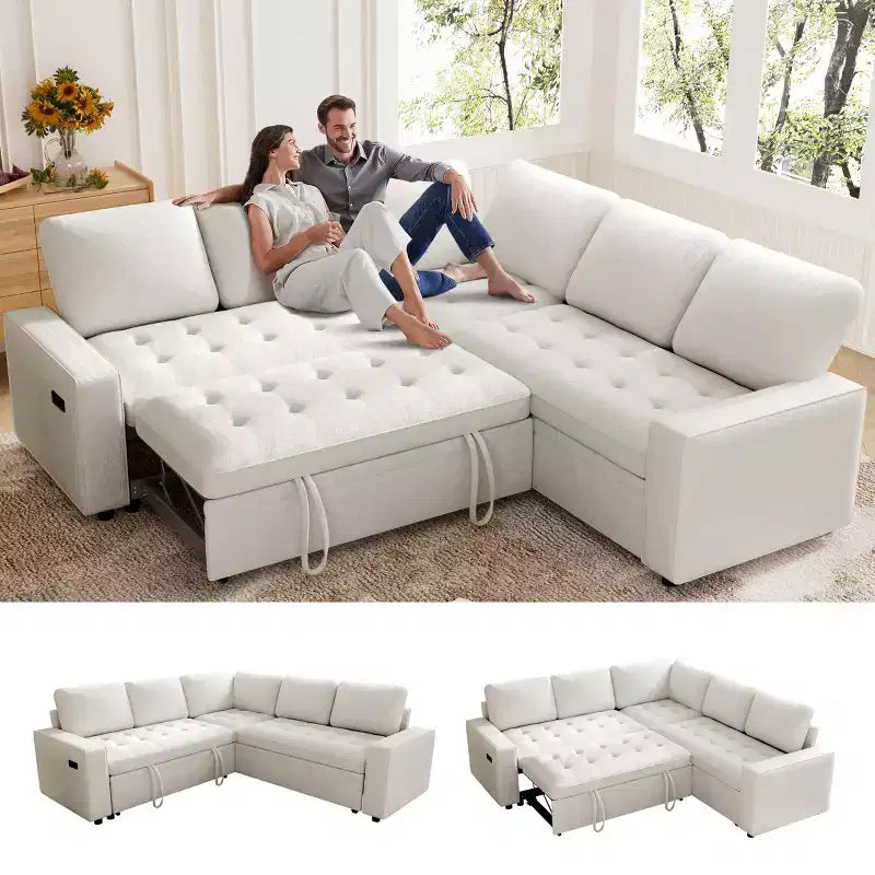 Canapé modulaire en L 5 places Dyonery avec couchage et port de charge USB