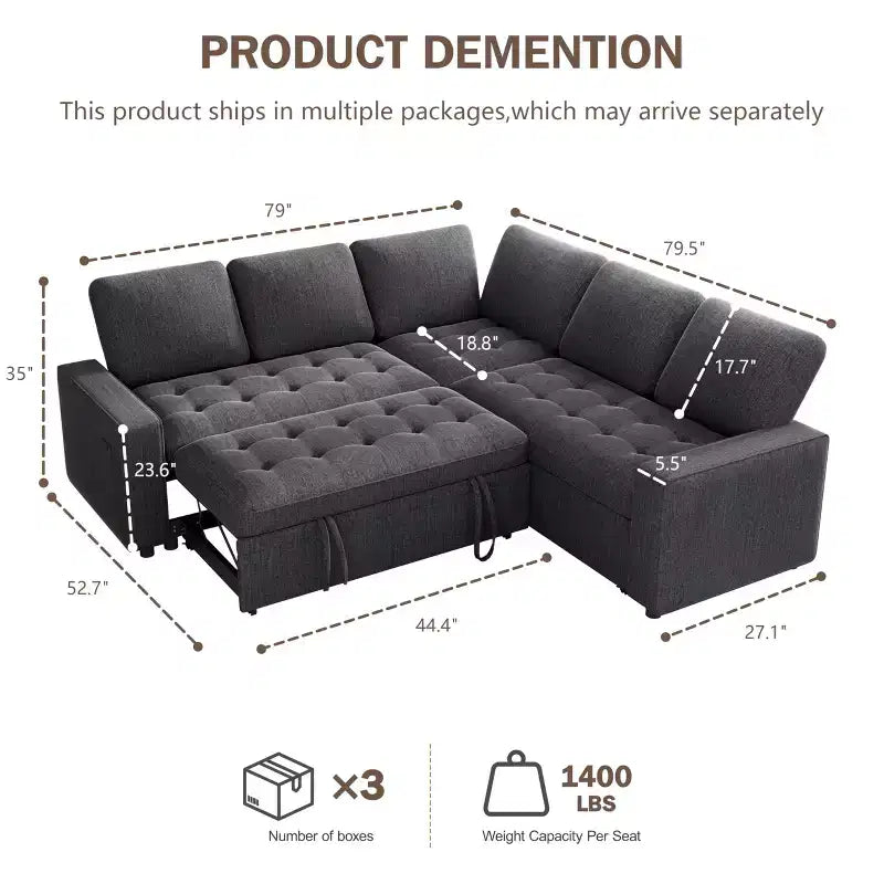 Canapé modulaire en L 5 places Dyonery avec couchage et port de charge USB