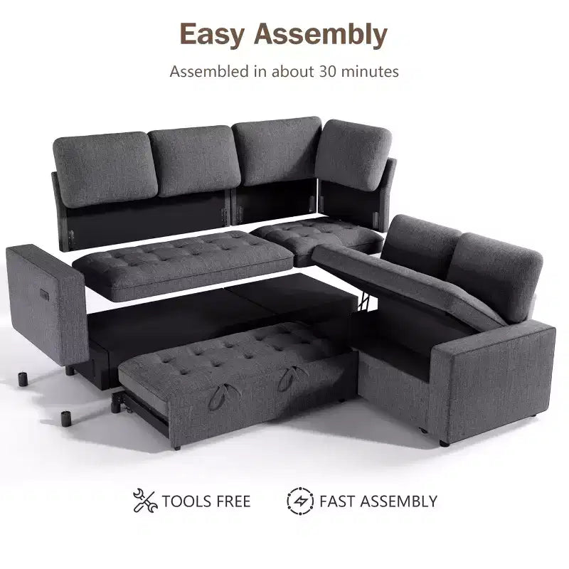 Canapé modulaire en L 5 places Dyonery avec couchage et port de charge USB