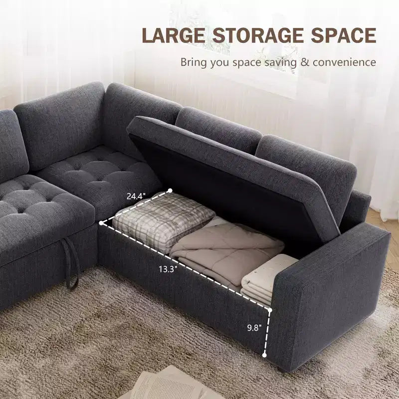 Canapé modulaire en L 5 places Dyonery avec couchage et port de charge USB