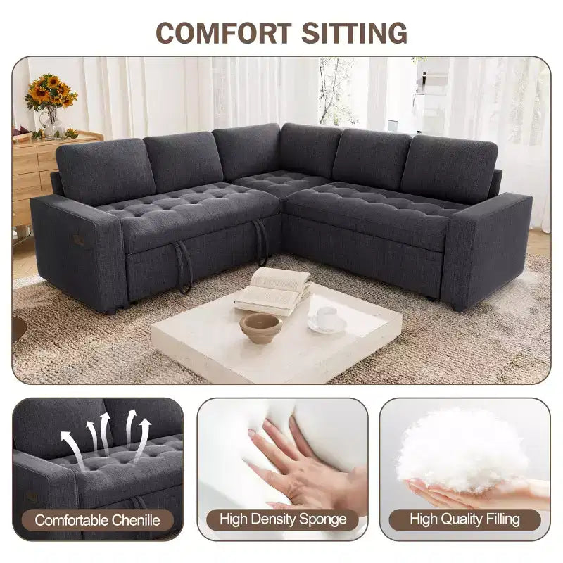 Canapé modulaire en L 5 places Dyonery avec couchage et port de charge USB