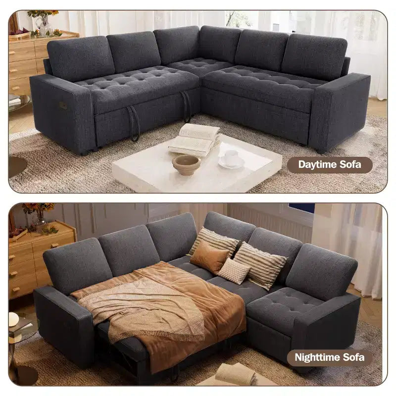 Canapé modulaire en L 5 places Dyonery avec couchage et port de charge USB