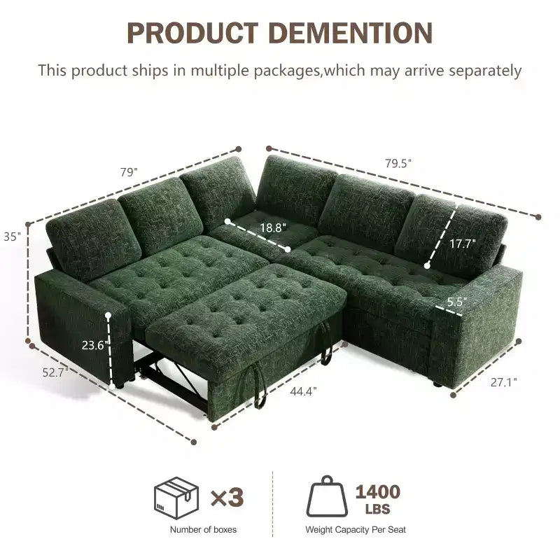 Canapé modulaire en L 5 places Dyonery avec couchage et port de charge USB