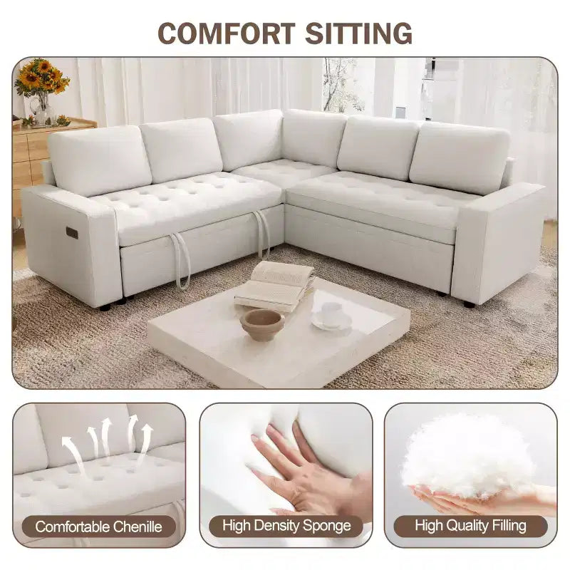 Canapé modulaire en L 5 places Dyonery avec couchage et port de charge USB