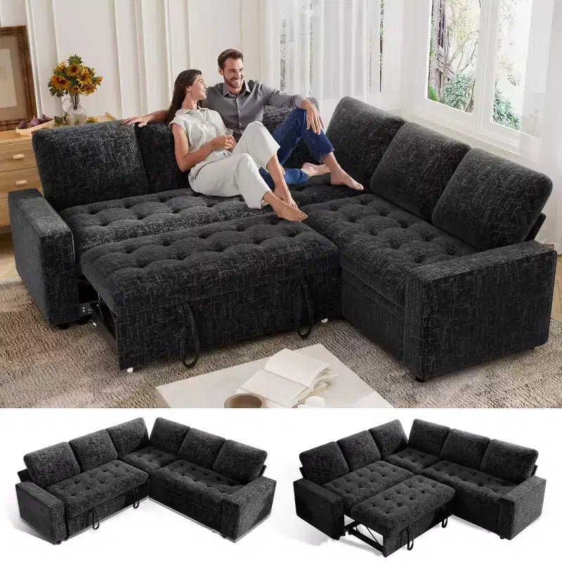 Canapé modulaire en L 5 places Dyonery avec couchage et port de charge USB