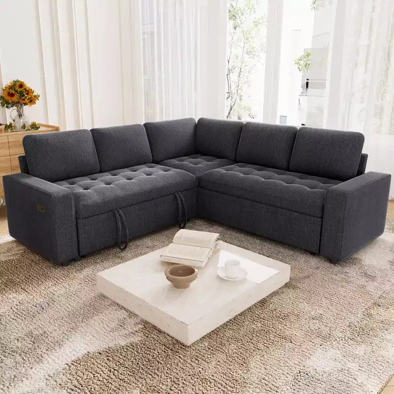 Canapé modulaire en L 5 places Dyonery avec couchage et port de charge USB