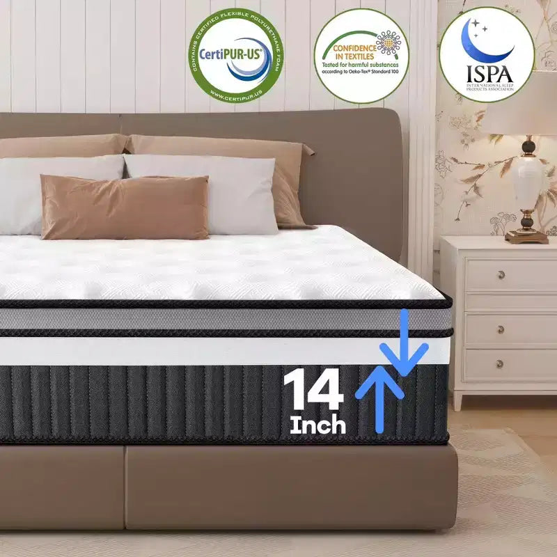 Mattress on Sale: 14 Queen Hybrid Mattress in a Box, Gel Memory Foam+Pocketed Coils, Cooling, Medium, Pressure Relief, Motion Isolation, CertiPUR-US