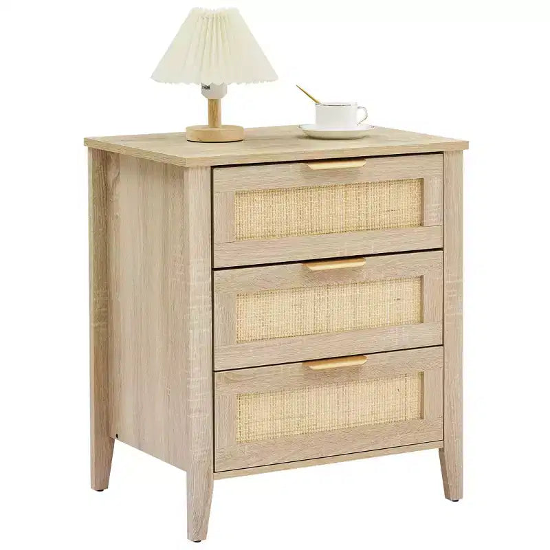Natural Rattan Nightstand Set of 2 C Boho 3-Drawer Bedside Tables for Small Spaces/Bedroom