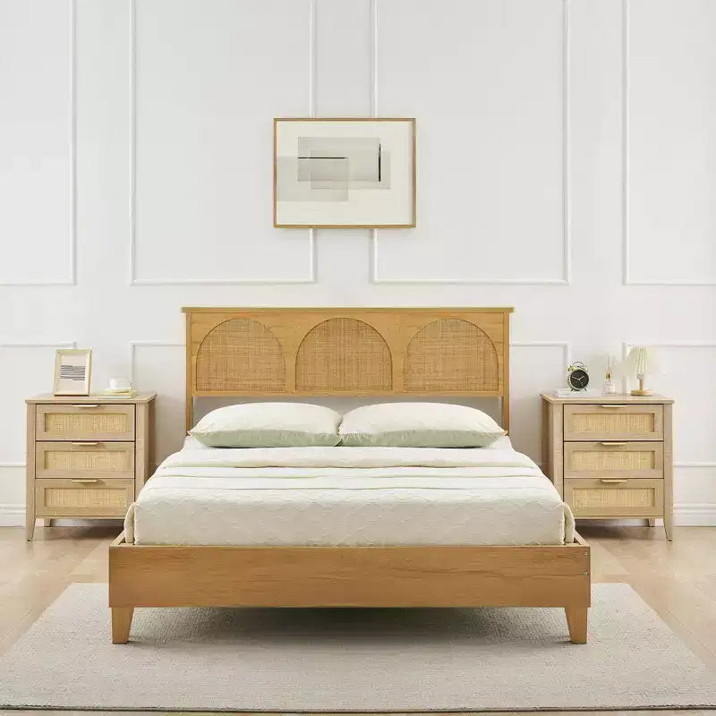 Comodini in Rattan Naturale, Set da 2, Stile Boho, con 3 Cassetti, per Spazi Piccoli/Camera da Letto