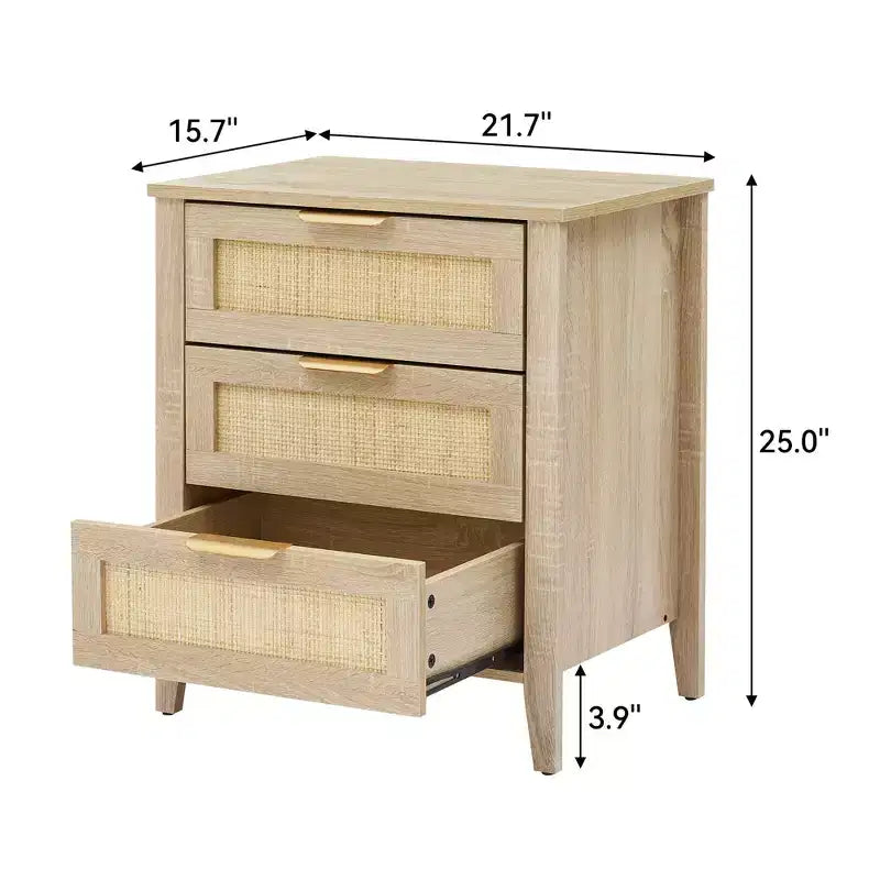 Comodini in Rattan Naturale, Set da 2, Stile Boho, con 3 Cassetti, per Spazi Piccoli/Camera da Letto