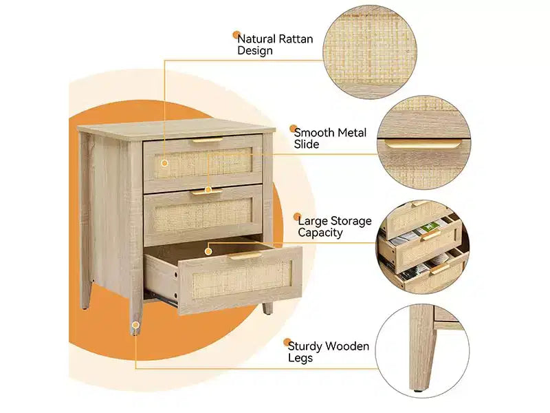 Comodini in Rattan Naturale, Set da 2, Stile Boho, con 3 Cassetti, per Spazi Piccoli/Camera da Letto