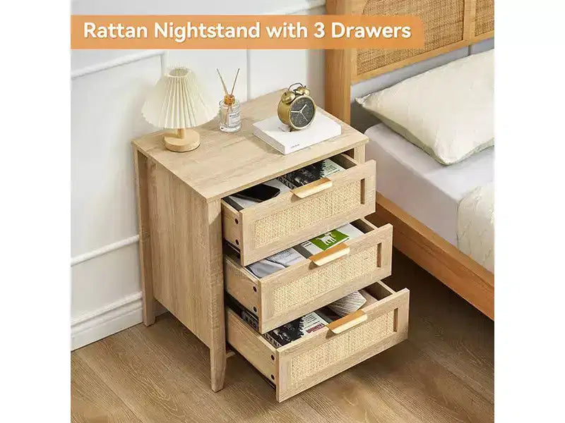 Comodini in Rattan Naturale, Set da 2, Stile Boho, con 3 Cassetti, per Spazi Piccoli/Camera da Letto