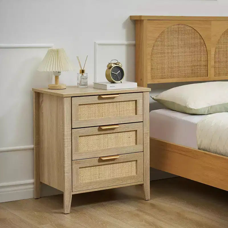 Comodini in Rattan Naturale, Set da 2, Stile Boho, con 3 Cassetti, per Spazi Piccoli/Camera da Letto