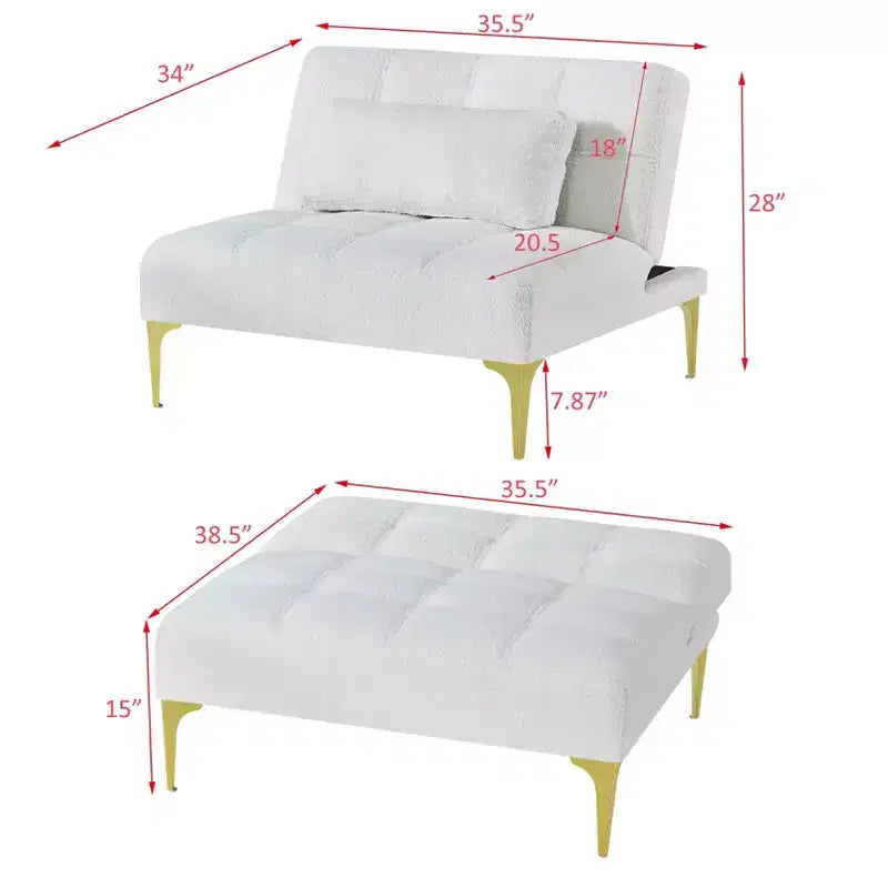 MAYEERTY Comodo divano singolo in tessuto Teddy, gambe in metallo dorato, schiuma e molle per soggiorno, bianco