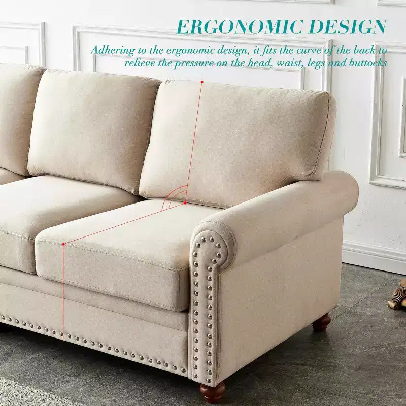 MAYEERTY Divano in Legno Massello e Struttura in Metallo con Borchie Argentate e Contenitore Sottoseduta per Soggiorno Beige