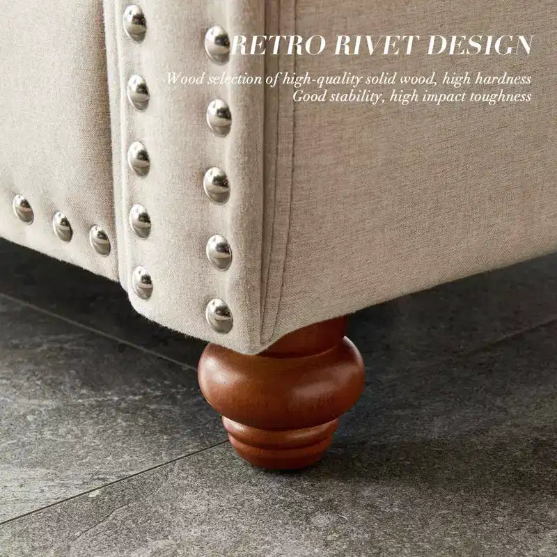 MAYEERTY Divano in Legno Massello e Struttura in Metallo con Borchie Argentate e Contenitore Sottoseduta per Soggiorno Beige