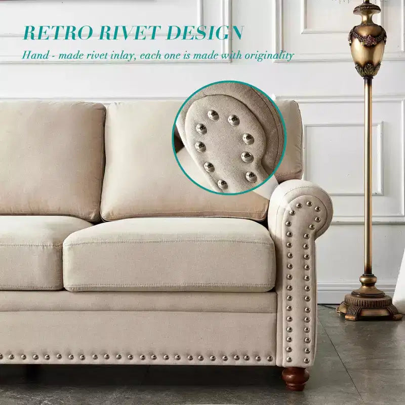MAYEERTY Divano in Legno Massello e Struttura in Metallo con Borchie Argentate e Contenitore Sottoseduta per Soggiorno Beige