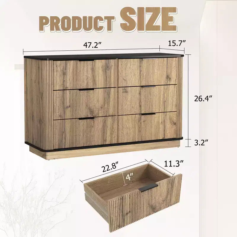 JVNOXK47.Cassettiera moderna multifunzionale a sei cassetti da 20 pollici con angoli arrotondati, adatta come credenza, mobile contenitore, legno naturale
