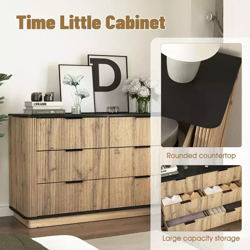 JVNOXK47.Cassettiera moderna multifunzionale a sei cassetti da 20 pollici con angoli arrotondati, adatta come credenza, mobile contenitore, legno naturale