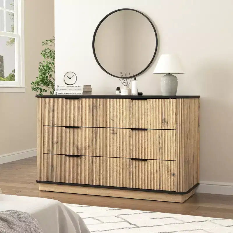 JVNOXK47.Cassettiera moderna multifunzionale a sei cassetti da 20 pollici con angoli arrotondati, adatta come credenza, mobile contenitore, legno naturale