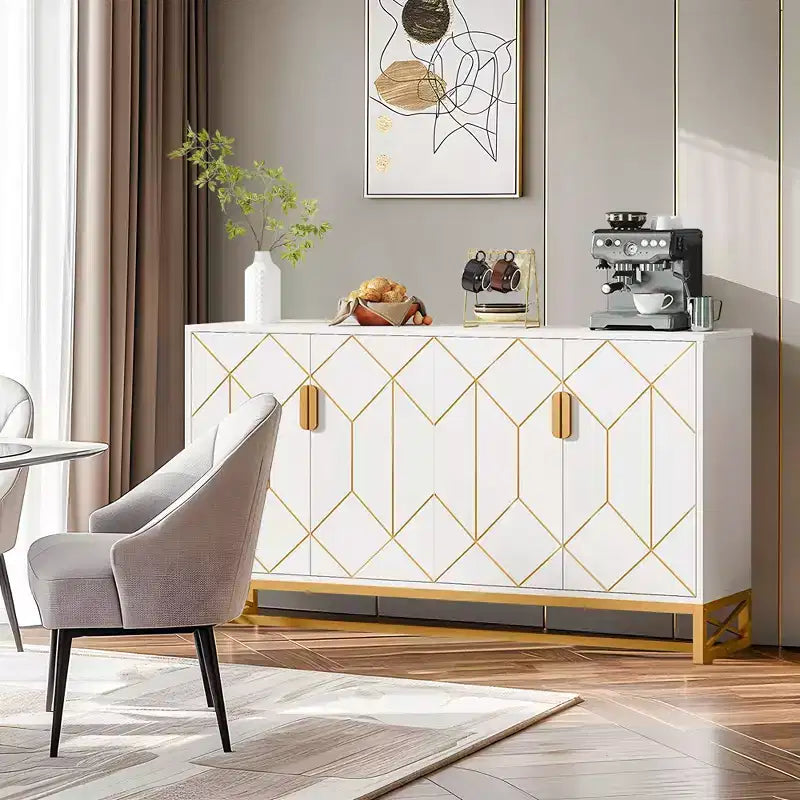 TUYOHW Meuble Buffet Moderne Blanc et Or, Buffet 150 cm avec Portes pour Rangement Salle à Manger et Entrée