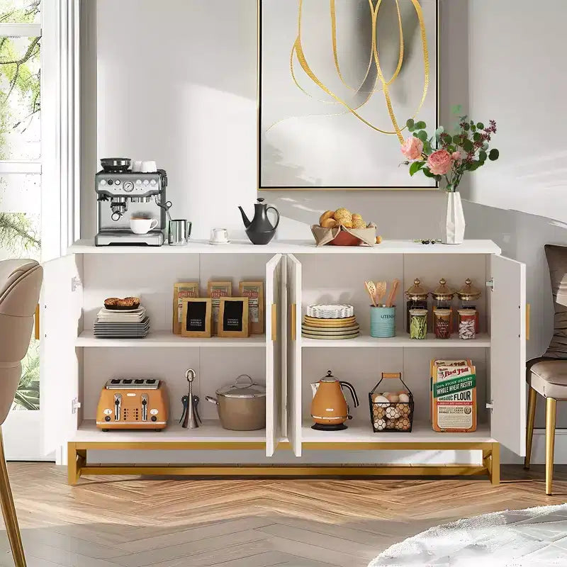 TUYOHW Meuble Buffet Moderne Blanc et Or, Buffet 150 cm avec Portes pour Rangement Salle à Manger et Entrée