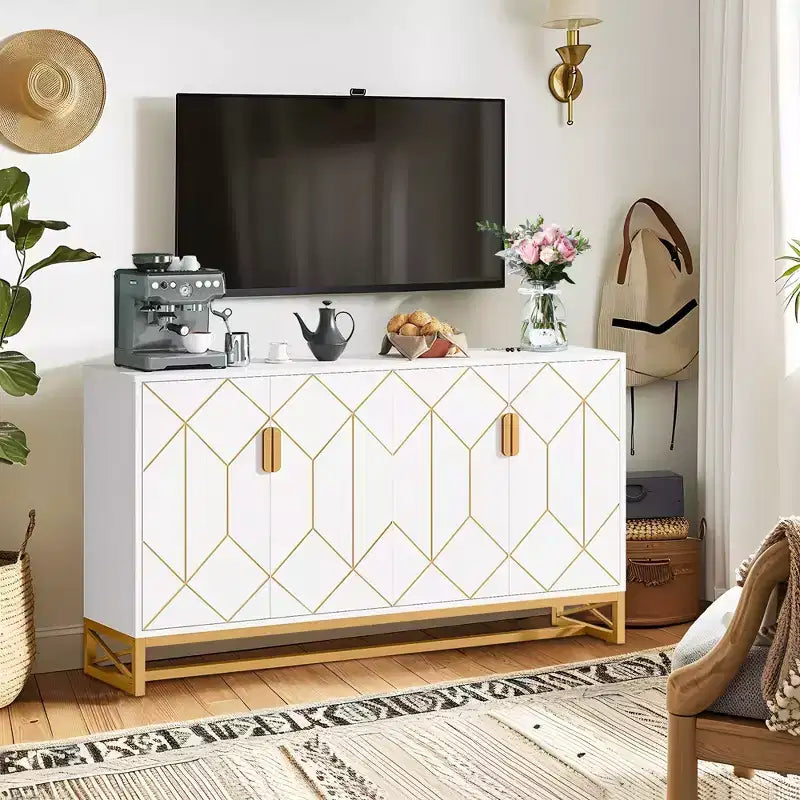 TUYOHW Mobile Credenza Moderno Bianco e Oro, Credenza 59" con Ante per Sala da Pranzo e Ingresso