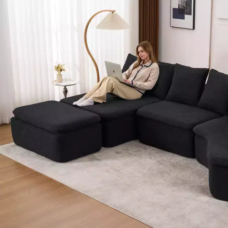 133 Moderno divano componibile curvo con pouf, divano componibile a 3 posti in morbida ciniglia per soggiorno o sala relax - Panipeachy