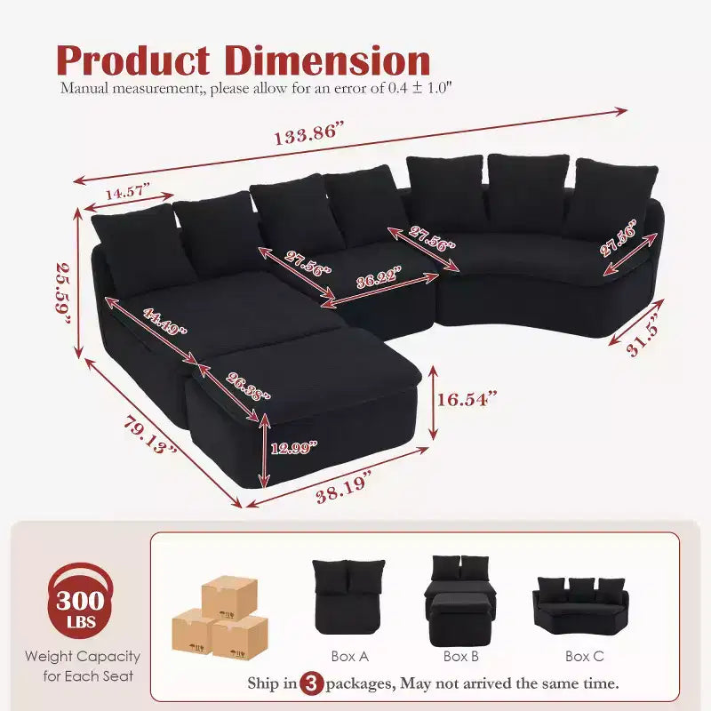 133 Moderno divano componibile curvo con pouf, divano componibile a 3 posti in morbida ciniglia per soggiorno o sala relax - Panipeachy