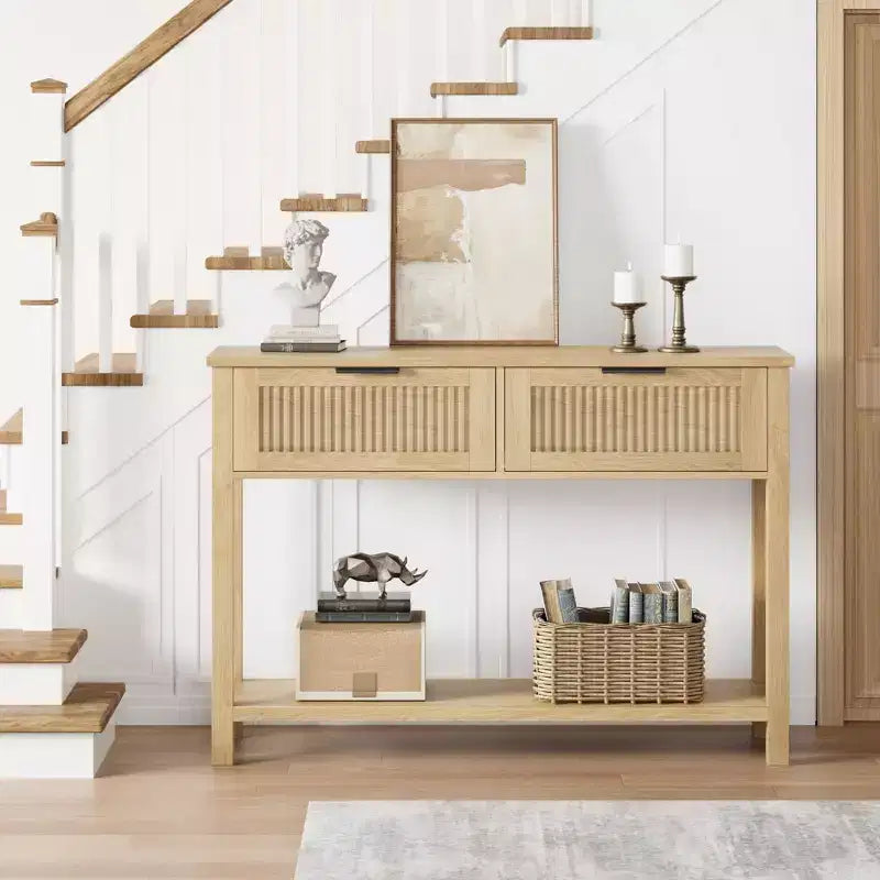 Console Table with 2 Fluted Drawers, 43inch Entryway Table with Open Storage Shelf, Behind Couch Entry Foyer Hallway Storage