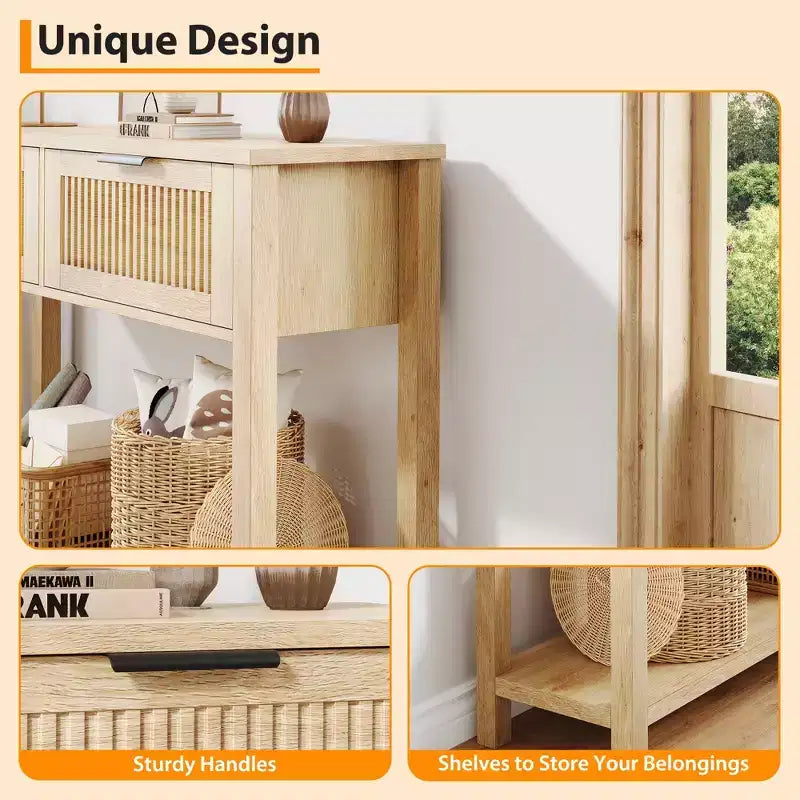 Table console avec 2 tiroirs cannelés, table d'entrée de 109 cm avec étagère de rangement ouverte, rangement pour l'entrée derrière le canapé