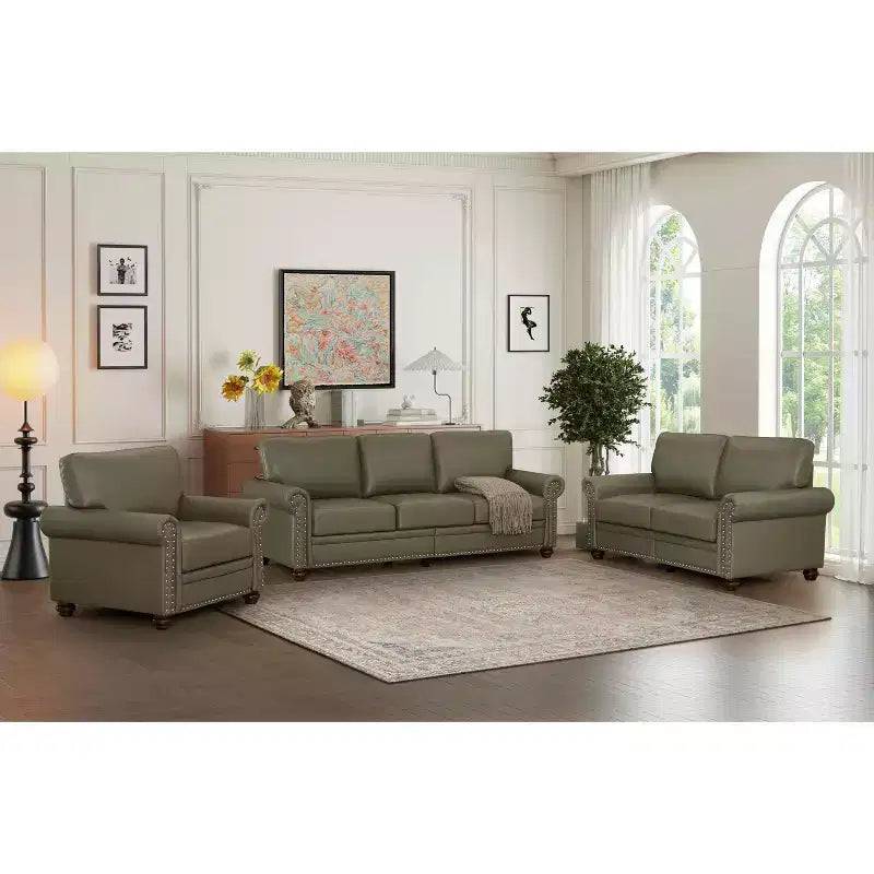 MAYEERTY 3 Pieces Sectional Faux Leather Sofa with Storage Silver Nails for Living Room Taupe
