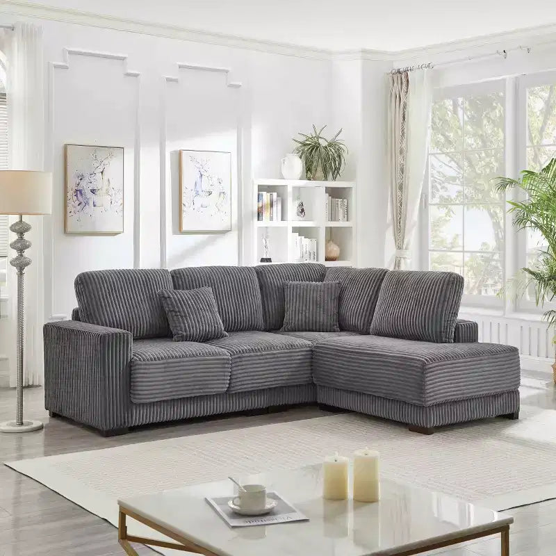 MAYEERTY 93 Sectional Sofa L Shaped Sofa Couch with Reversible Chaise Lounge Upgolstered Soft Curduroy Couch for Living Room Gray