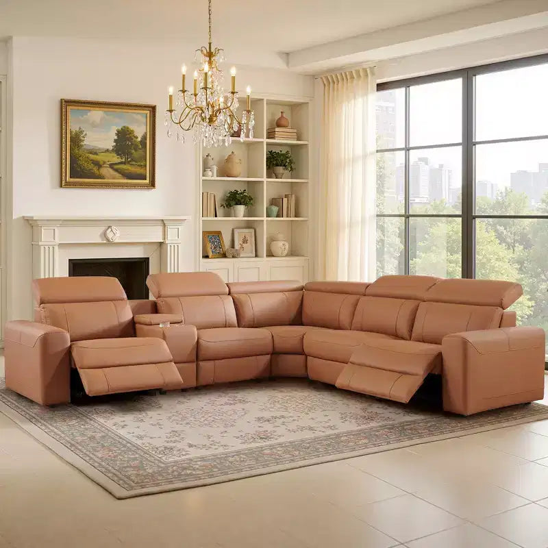 AMERLIFE Power Reclining Sofa with Console, Dual Electric Recliners, Leather Sectional Couch for Living Room, Brown