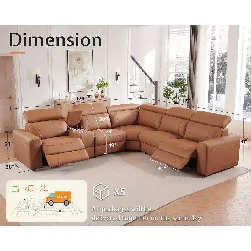 Divano Reclinabile Elettrico AMERLIFE con Console, Due Recliner Elettrici, Divano Sezionale in Pelle per Soggiorno, Marrone