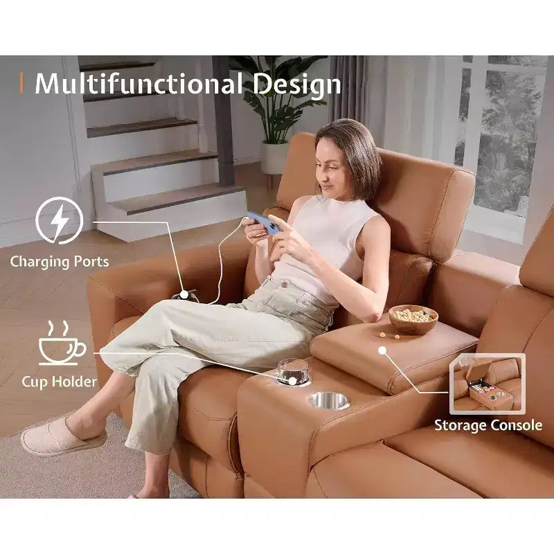 Divano Reclinabile Elettrico AMERLIFE con Console, Due Recliner Elettrici, Divano Sezionale in Pelle per Soggiorno, Marrone