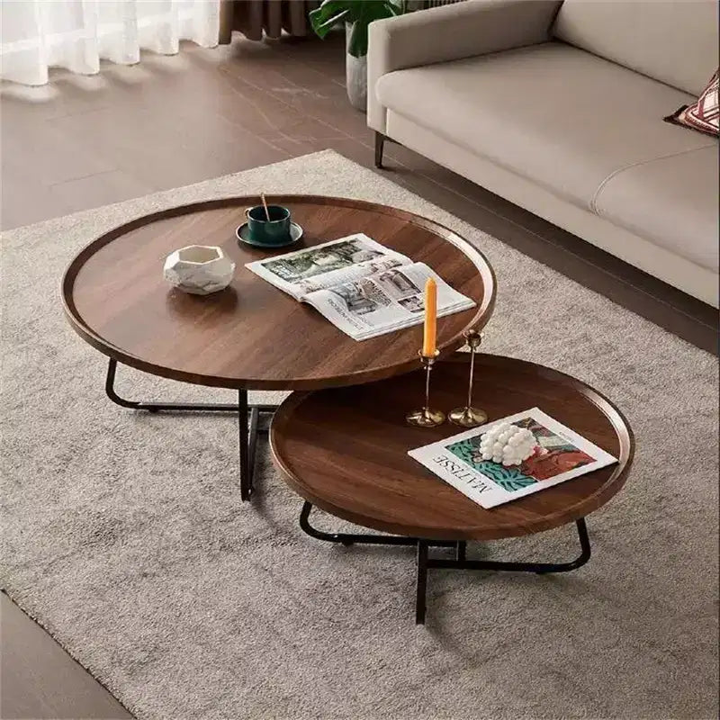 Modern Coffee Table, Small Round End Table with Geometric Iron Base & Walnut MDF Top, Compact Side Table for Living Room Office Dorm